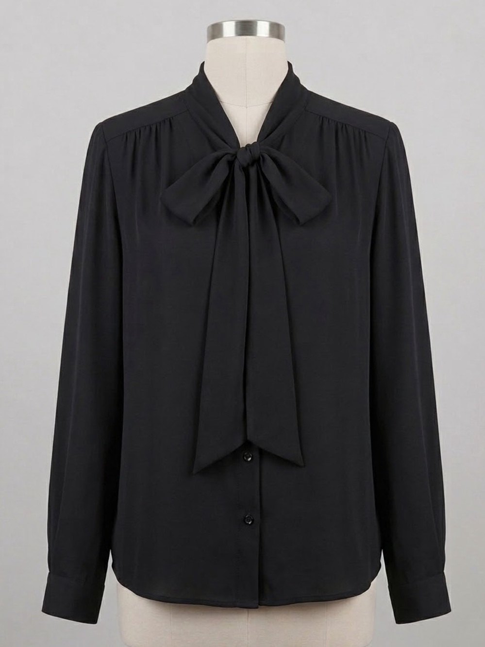 Halogen Black Tie Neck Button Front Blouse XS Petite NWOT